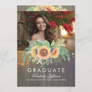 Sunflowers Rustic Wood Photo Graduation Invitation