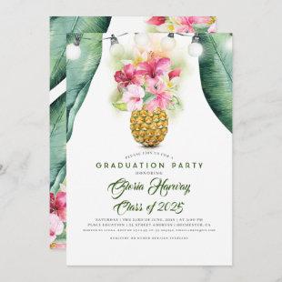 Sunny Pineapple Floral Vase Beach Graduation Party Invitation