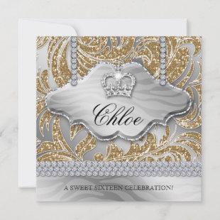 Sweet 16 Party Gold Crown Jewelry Leaves Invitation