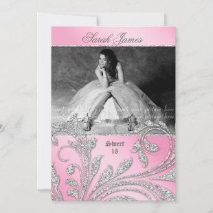 Sweet 16 Party Grad Glitter Leaves Pink Invitation