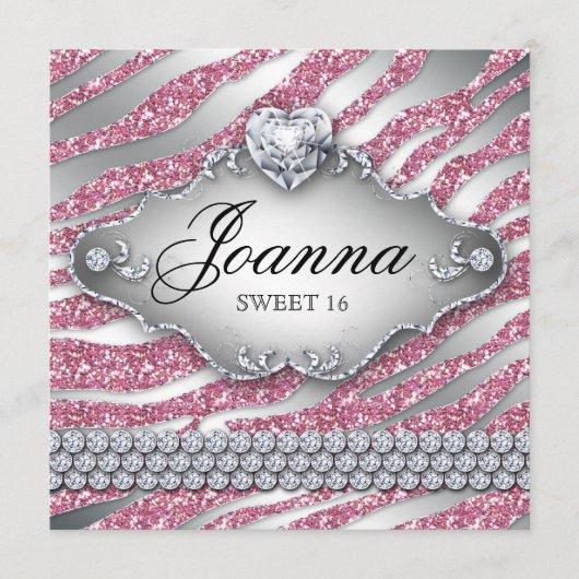 Sweet 16 Party Invite Pink Jewelry Glitter Zebra