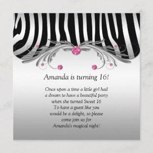 Sweet 16 Silver Black Zebra FAUX Pink Jewels Bling Invitation