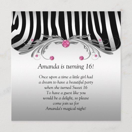 Sweet 16 Silver Black Zebra FAUX Pink Jewels Bling Invitation