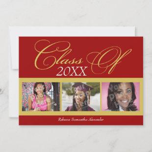 Swirly Red/Gold 3 Photo Graduation Announcement