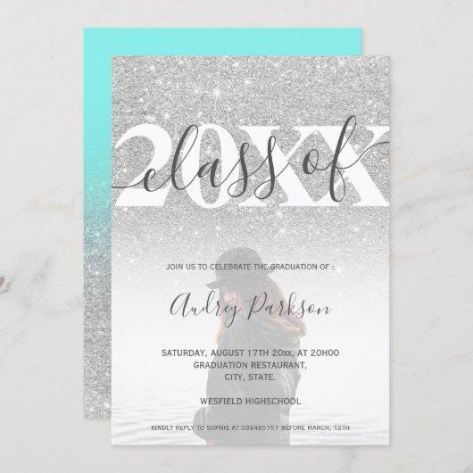 Teal blue silver glitter 2020 photo graduation invitation