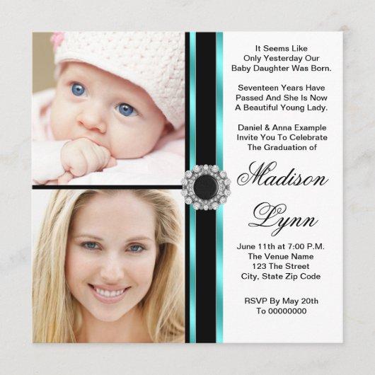 Teal Blue Then and Now Photo Graduation Invitation