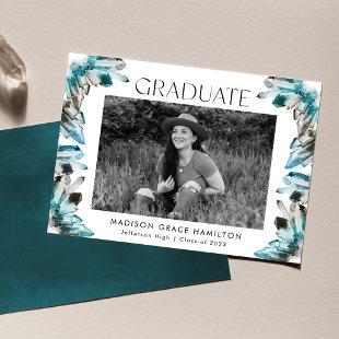 Teal Blue Watercolor Crystal Photo Graduation Announcement