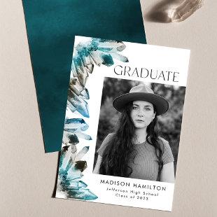 Teal Blue Watercolor Crystal Photo Graduation Announcement