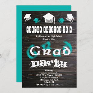 Teal Blurry Text for Graduation House Party Invitation