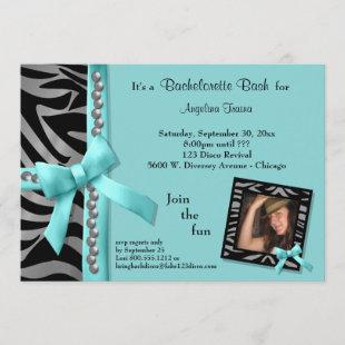Teal Bow With Silver Pearls And Zebra Stripes Invitation