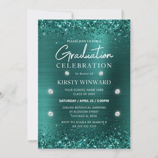 Teal Brushed Metal and Glitter Graduation Invitation