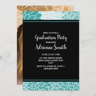 Teal Floral Black Graduation Party Photo Invitation