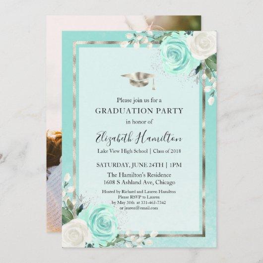 Teal & Foil Silver Floral Graduation Party Photo Invitation