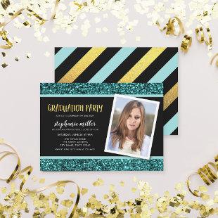 Teal Glitter Photo Graduation Party Invitation