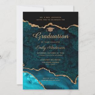 Teal Gold Glitter Agate Graduation Invitation
