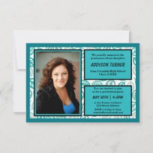 Teal & Gray Leaves with Photo-3x5Grad Announcement