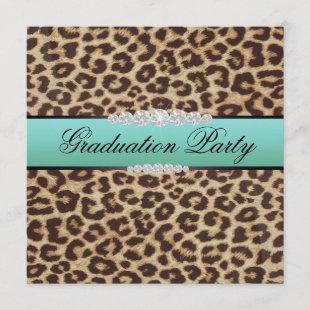 Teal Leopard Graduation Party Invitation