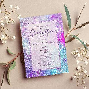 Teal lilac lavender marble glitter Graduation Invitation