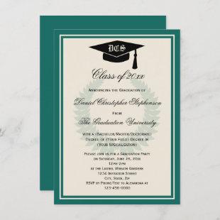 Teal Monogram Laurel Classic College Graduation Invitation