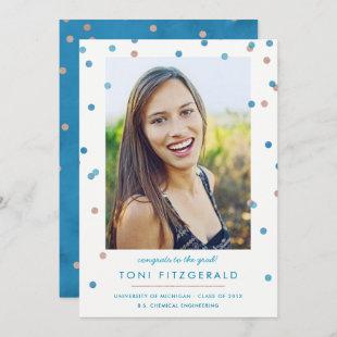 Teal & Rose Gold Confetti Photo Graduation Invitation