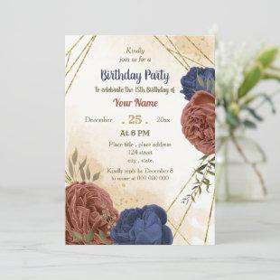 terracotta navy blue floral greenery birthday  invitation