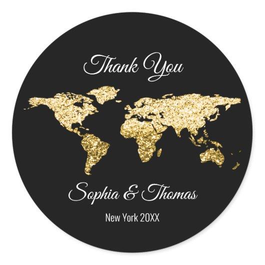 Thank Wedding Golden World Destination Map Black Classic Round Sticker