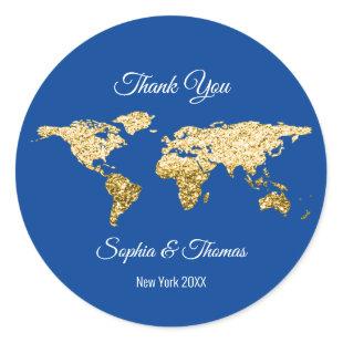 Thank Wedding Golden World Destination Map Blue Classic Round Sticker