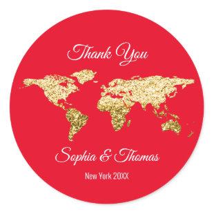 Thank Wedding Golden World Destination Map Red Classic Round Sticker