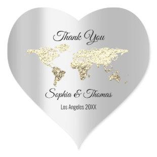 Thank Wedding World Map Destination Gold Heart Heart Sticker