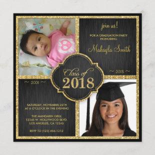 Then and Now Black and Gold Glitter Class of 2018 Invitation