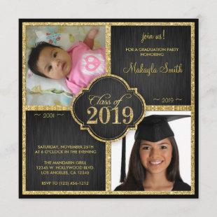 Then and Now Black and Gold Glitter Class of 2019 Invitation