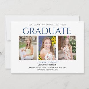 Three Photo White Blue Graduation Party Invitation