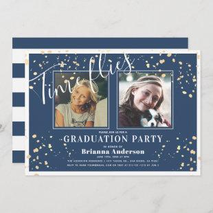 Time Flies Navy Blue Stripe Gold Photo Graduation Invitation