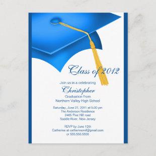 Trendy Blue Grad Cap Graduation Party Invitation