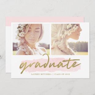 Trendy Blush and Gold Two Photo Graduation Party Invitation