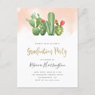 Trendy Blush Watercolor & Cactus Graduation Party Invitation Postcard