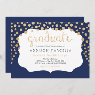 Trendy confetti graduation invitations, navy gold invitation