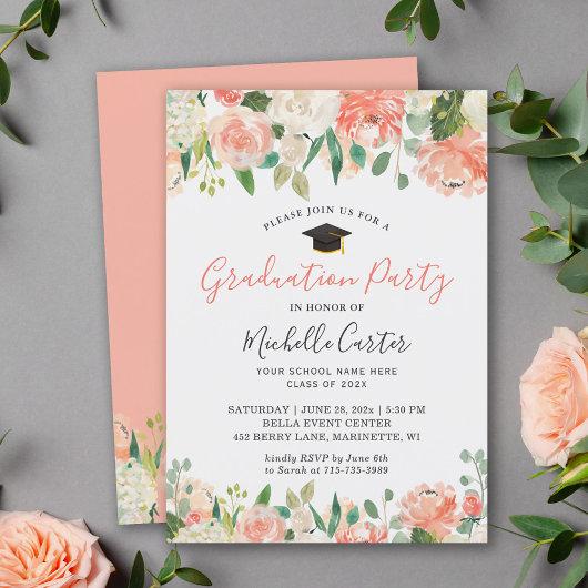 Trendy Coral Peach Floral Girl Graduation Party Invitation