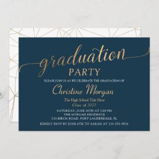 Trendy Gold Script Navy Blue Graduation Party Invitation