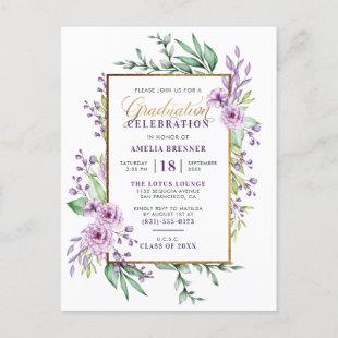 Trendy Gold Script Purple Floral Graduation Party Invitation Postcard