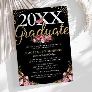 Trendy Pink Floral Gold Glitter Graduation Party Invitation