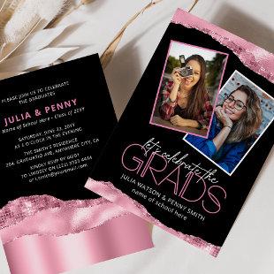 Trendy Pink Girly Joint Graduation Party Photo Invitation