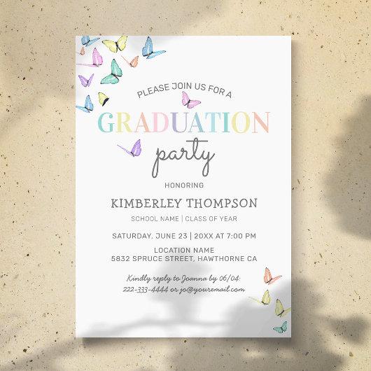 Trendy Rainbow Pastel Butterfly Graduation Party Invitation