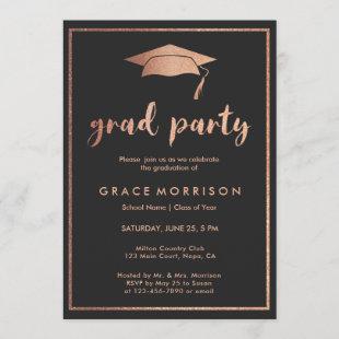 Trendy Rose Gold Black Graduation Party Invitation
