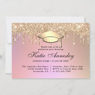 Trendy Rose Gold Glitter Drips Graduation Party In Invitation