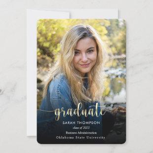 Trendy Script Black Gold Photo Collage Graduation Announcement