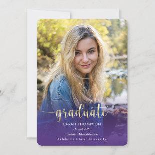 Trendy Script Purple Gold Photo Collage Graduation Announcement