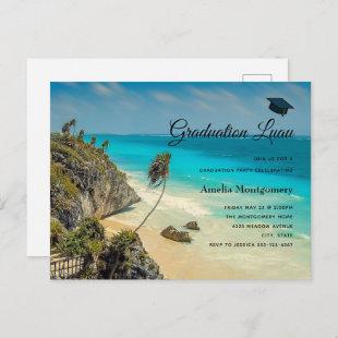 Tropical Beach with Wind Swept Palms Graduation Invitation Postcard