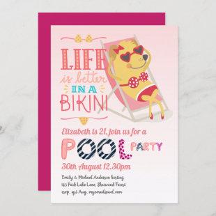 Tropical Flamingo POOL PARTY Pink Bikini Girls Invitation