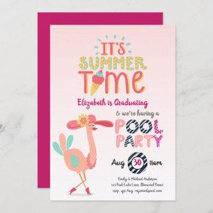 Tropical Flamingo POOL PARTY Pink Blue Girls Invitation